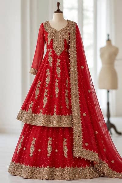 Royal Red Bridal Lehenga Frock with Heavy Golden Embroidery.