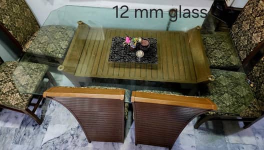 6 seater table set with 12mm glass top solid wooden rawalpindi