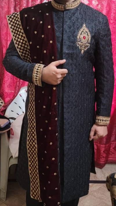 Wedding Premium Black Sherwani with Maroon Velvet Shawl