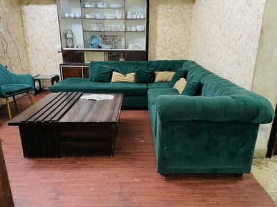 8 Seater L Shape Sofa + Centre Table + 2 chairs with Stool