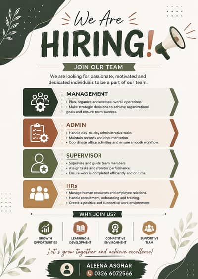 Multiple Staff Required | Supervisor, Admin, Management & HR Jobs