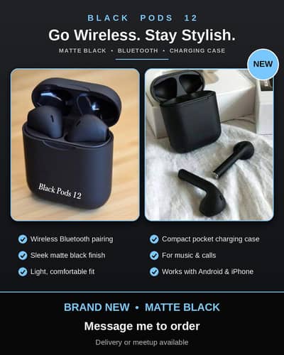 Black Pods 12 Wireless Earbuds – Matte Black