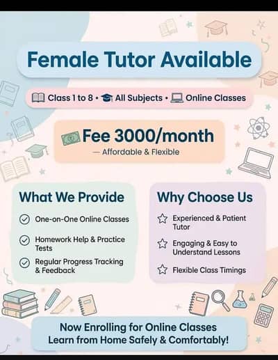 female tutor for class 1 to 8.