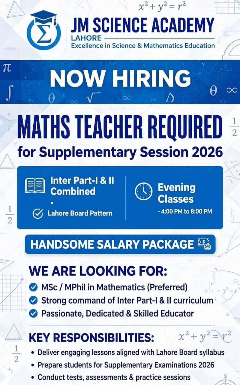 Maths Teacher for Supplementary session Inter 0