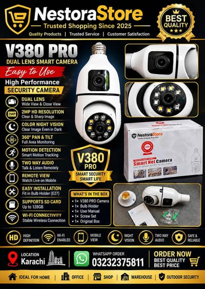 `V380 Pro Dual Lens CCTV Camera 2MP+2MP | WiFi | Night Vision | COD`