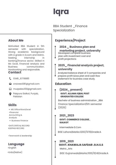 BBA student finance 5th semester - need internship/ office job in skt.
