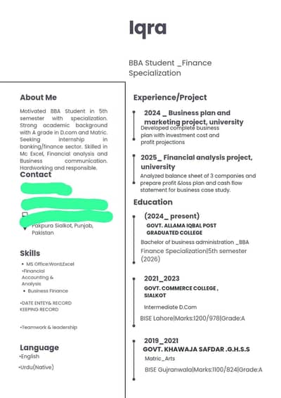 BBA student finance 5th semester - need internship/ office job in skt.