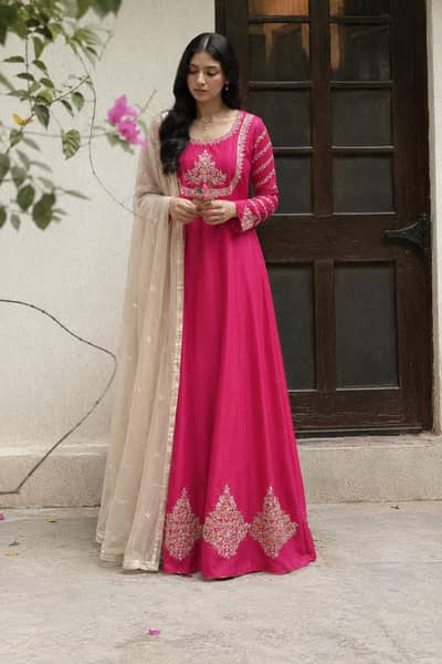 Custome-designed Pink Premium quality Silk Long Frock with Organza dup