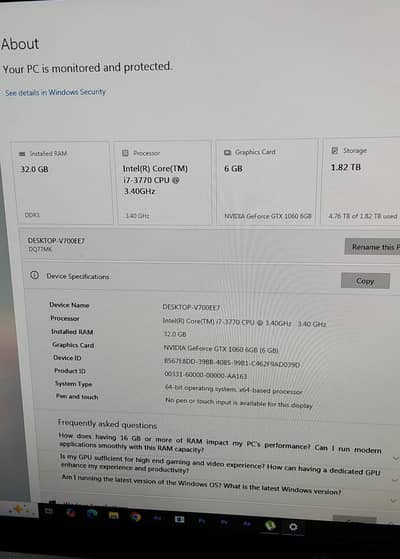 Core i-7 3rd generation 32 gb RAM, 6 GB NVIDIA 1060Ti, 2TB HDD
