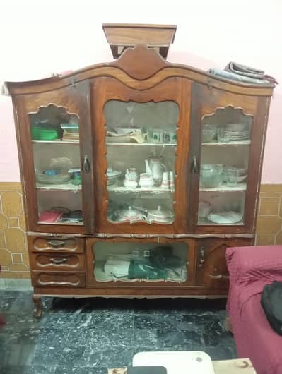 Vintage Solid Wood Crockery Showcase & Dressing Unit Set for Sale