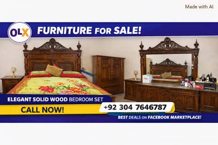 Elegant Solid Wood Bedroom Set – Bed, Dresser & Side Table