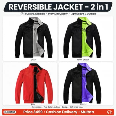 Men Black Reversible Jacket - 4 Colors Inside - 2 in 1 Double Side