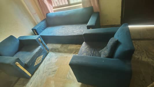 5 Seater Sofa Set (3+1+1) Blue Velvet - Gold Detailing