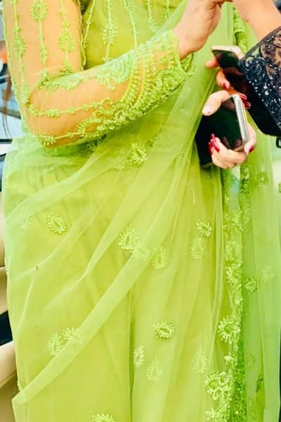 beautifull parrot green cutdana saree