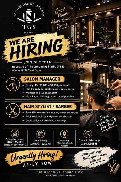 Manager and hair stylist required for Mens Salon