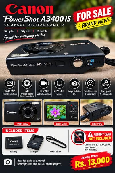 Canon PowerShot A3400 IS | 16MP | 5X Optical Zoom | Complete Set