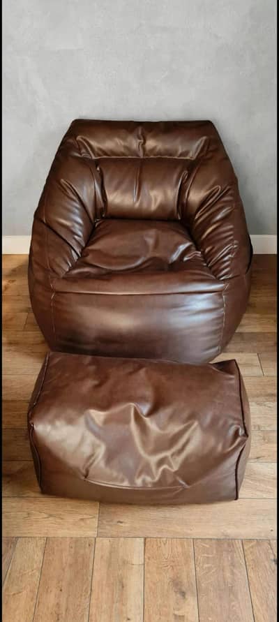 Brown leather Bean Bag chair with Footstool - Comfortable & Stylish