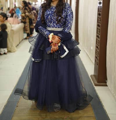 Beautiful Navy Blue Fairy Frock 4-Piece Set with Inner & Dupatta