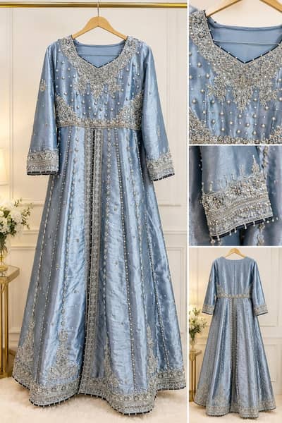 Beautiful Sage Green Bridal Nikah Dress with Golden Embroidery