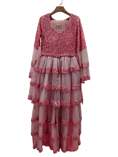 Pink Sequins Frill Maxi Dress - M
