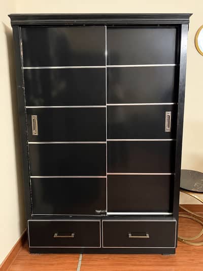 Black Sliding Door Wardrobe with Hanging Space & 2 Drawers