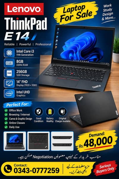 Lenovo Thinkpad E14 i3 11th gen 8GB /256GB SSD FHD Excellent Condition