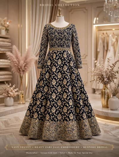 Navy Blue Velvet Bridal Maxi - Heavy Golden Zari Work .
