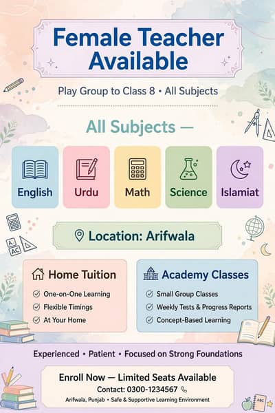 female teacher for play group to class 8 _Arifwala