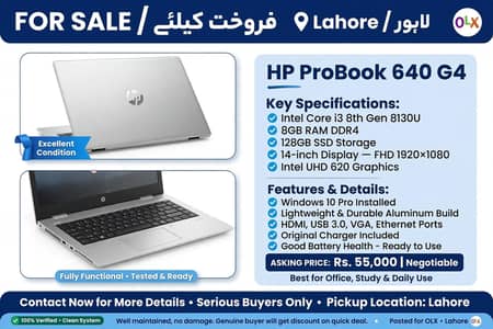 HP ProBook 640 G4 core i3 8yh Gen  8GB/128GB SSD 14