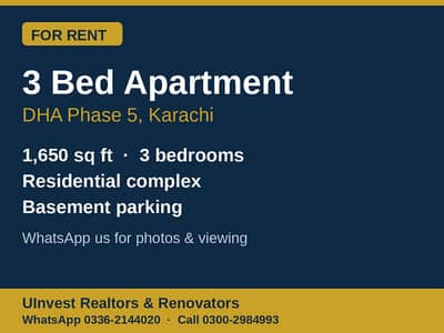 3 Bed Apartment for Rent DHA Phase 5 | 1,650 Sqft | 1.25 Lac