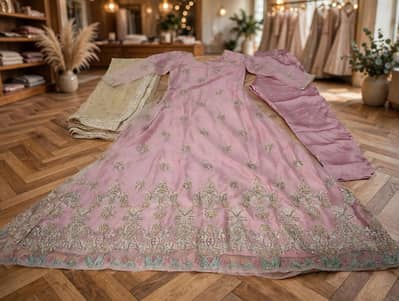 pink paty Wear Heavy Embroidered Maxi 3 piece-bridal/Mehndi Wear.