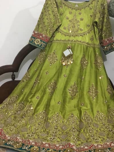 Elegant Lime Green Katan Silk Embroidered Frock with Teal Shalwar
