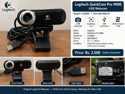 Logitech QuickCam Pro 9000 USB Webcam with Stand – Used