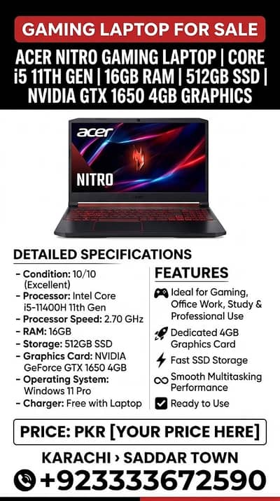 Acer Nitro Gaming/Core i5 11th Gen/16GB RAM /512GB SSD/ NVIDIA GTX 16
