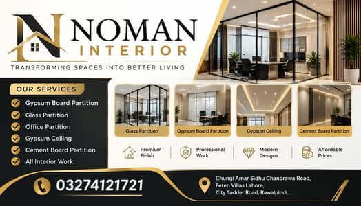 premium Gypsum board partition, Office interior, Glass partition