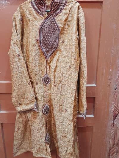 Premium Imported Beige-Gold & Maroon Heavily Embroidered Men's Sherwan