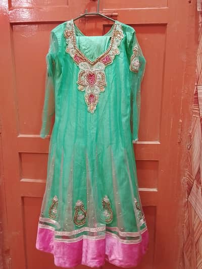 Premium Imported Mint Green & Pink Net Anarkali Frock - 2 Piece Suit