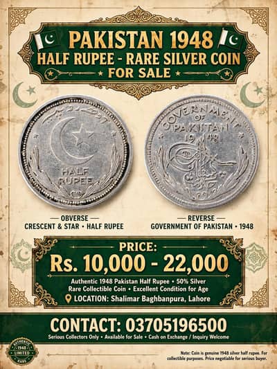 Pakistan 1948 Half Rupee Silver Coin Original Antique Collection