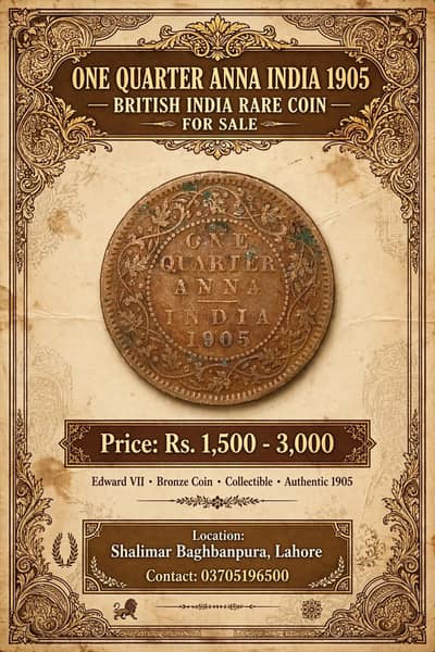 1905 One Quarter Anna British India Coin Original Antique Collection