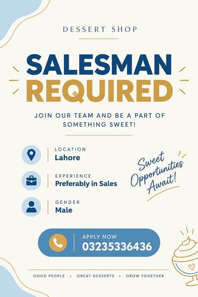 Salemen required for Bakery .