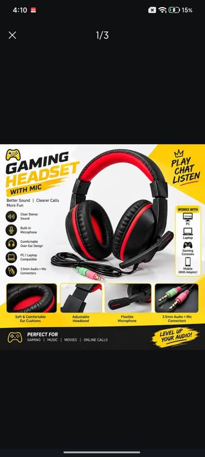 Gaming Headset With Mic | Stereo Sound | PC/Laptop | Red & Black