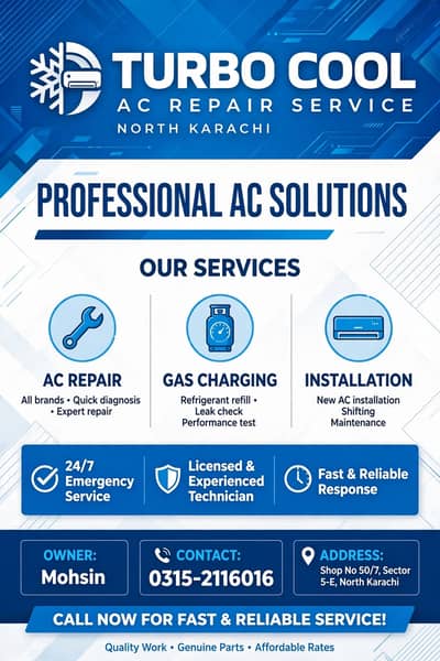 TURBO COOL AC Service - DHA, Bahria Town, Gulshan, Johar - 24/7 Home S