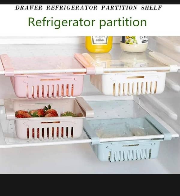 T  Achieve Maximum Space Utilization in Your Fridge with the Adjustable Space Saver Storage Basket Set of 2 and 3: Stretchable Fridge Organizer Baskets for Kitchen Gadgets