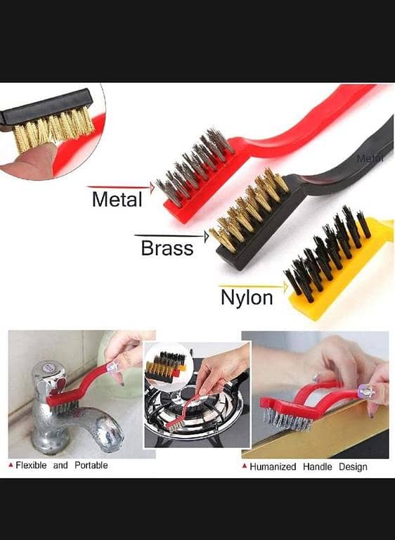 T  BRISTLES: 3 PC MINI WIRE BRUSH SET, BRASS, NYLON, STAINLESS STEEL
