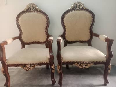 Traditional Wooden Arm Chairs with Glass Top Wooden Coffee table