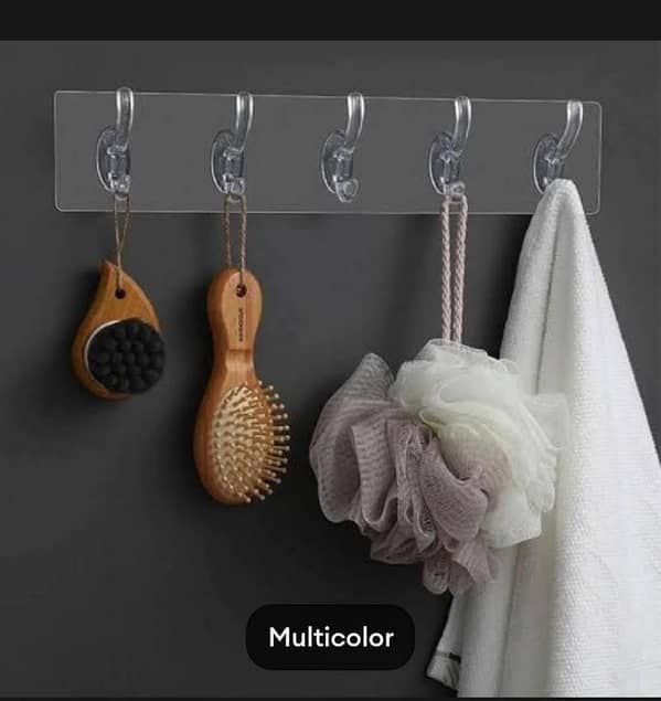 T  New Self Adhesive Wall Mounted Sticky 5 Hooks Strip for Kitchen Self Adhesive Transparent 5 Hooks Hanger, Transparent Wall Hooks Clothes Hanger