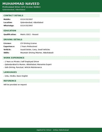 LTV driver from qulandarabad 2 years exp abbttabad mansehra