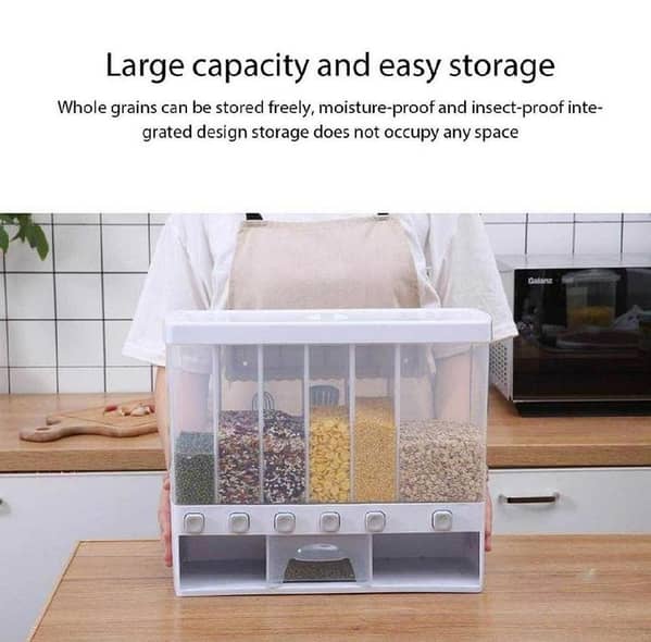 T  Sealed Rice Storage Box Wall Mounted Cereal Grain Container 6-Grid Dry Food Dispenser Grain Storage Jar Kitchen Storage Tools