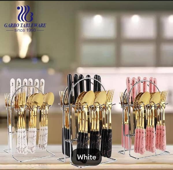 T  White Marblene Pattern Grip 24 Pcs Cutlery Set & Cutlery Holder