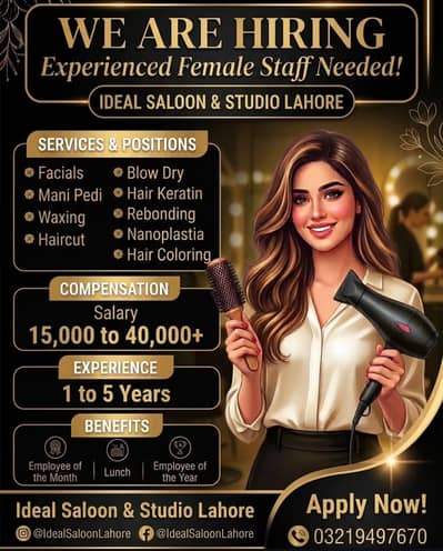 Urgent Hiring Female Staff For Ladies Saloon In Johar Town